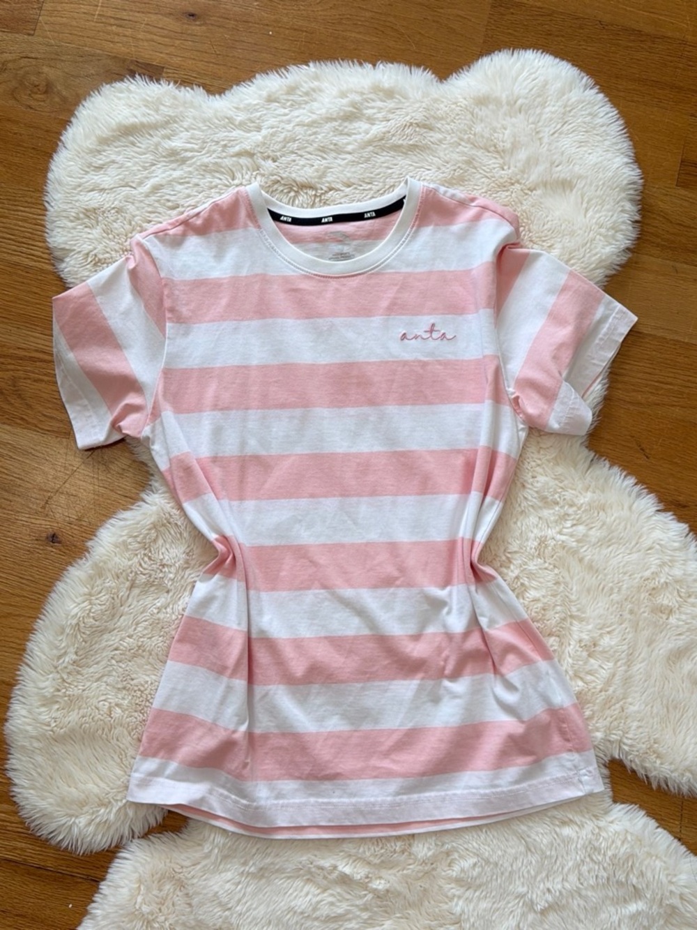 Anta Pink & White Striped Short Sleeve Tee